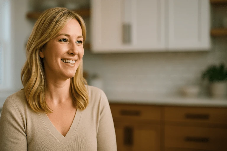 Happy homeowner talking about their new kitchen